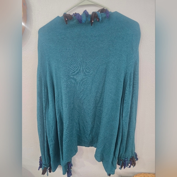 Karen Kane Teal Open Front Sweater with Fringe Detail, Plus Size 3X - Picture 3 of 4